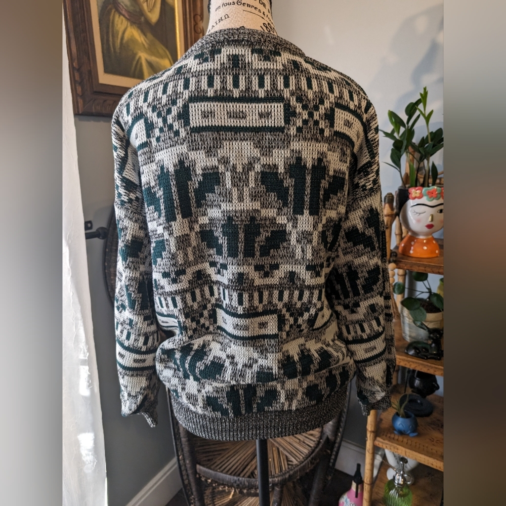 1990s Vintage Unisex Grey Green Geometric Sweater Size Medium - Picture 3 of 7